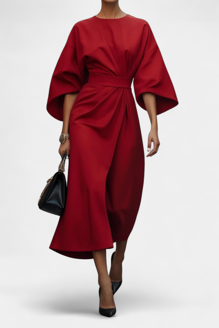 Vestido Midi Exclusivo Con Mangas Lantern Y Cintura