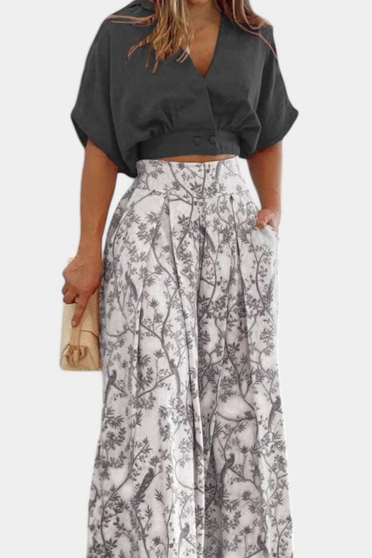 Olivia - Conjunto Boho de Cuello en V y Pierna Ancha
