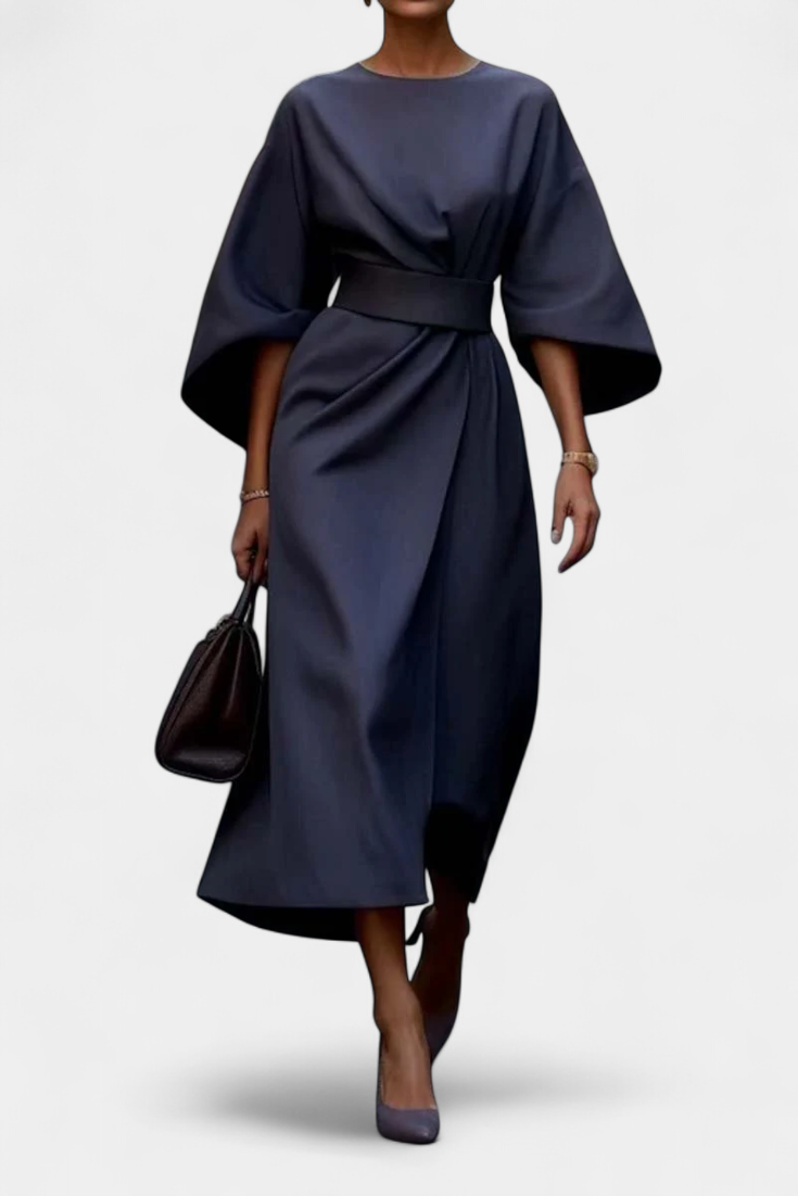 Vestido Midi Exclusivo Con Mangas Lantern Y Cintura