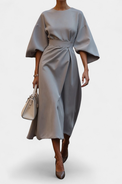 Vestido Midi Exclusivo Con Mangas Lantern Y Cintura