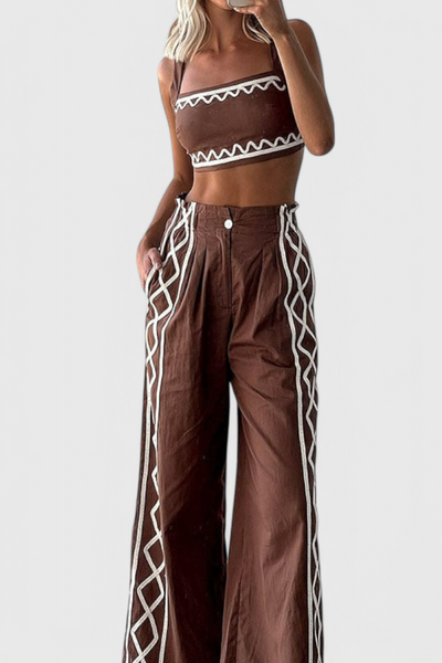 Mirella - Conjunto Crop y Pantalones Anchos de Estampado Zigzag