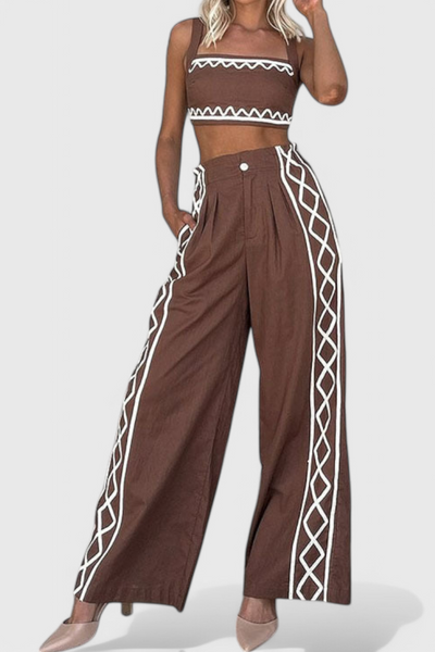 Mirella - Conjunto Crop y Pantalones Anchos de Estampado Zigzag