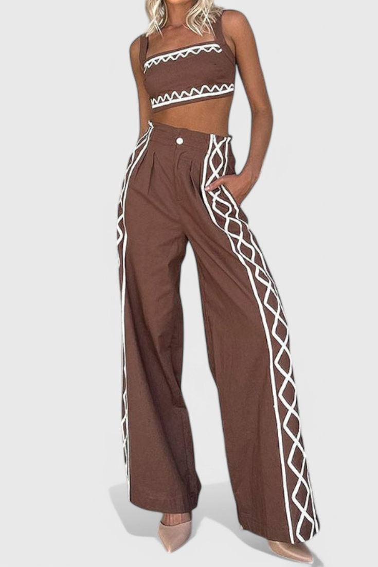 Mirella - Conjunto Crop y Pantalones Anchos de Estampado Zigzag