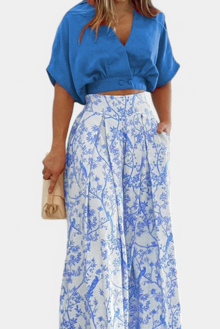 Olivia - Conjunto Boho de Cuello en V y Pierna Ancha