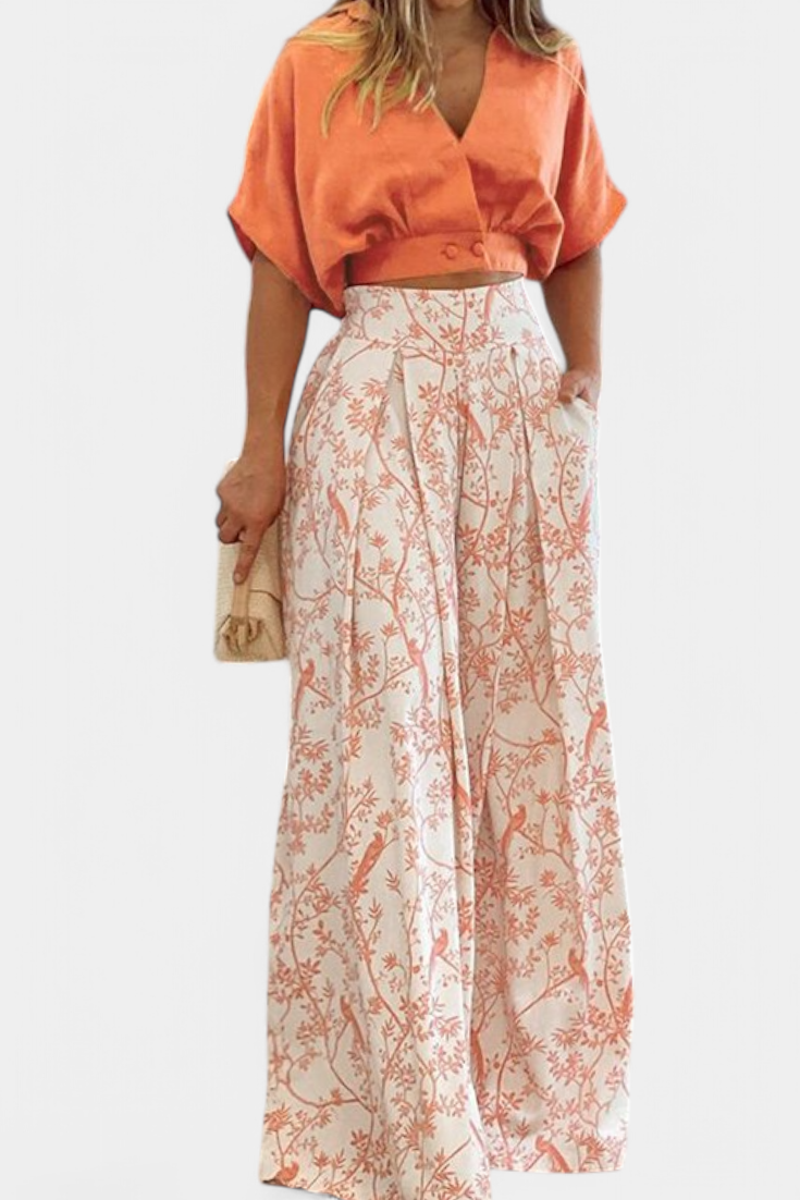Olivia - Conjunto Boho de Cuello en V y Pierna Ancha