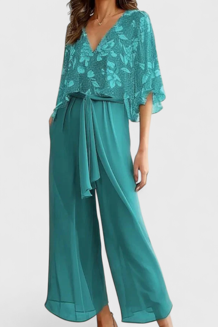 Conjunto Dos Piezas Texturizado Escote En V Pantalones Chic