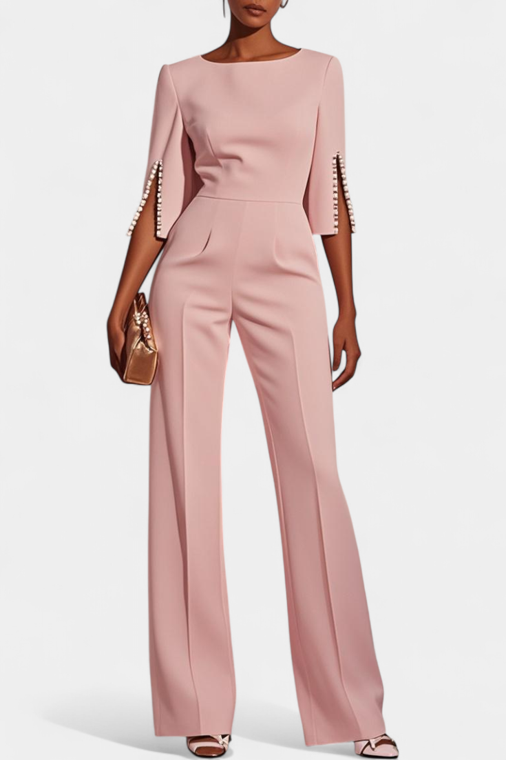 Mono Suelto Color Sólido Con Cuello Redondo Dividido Chic