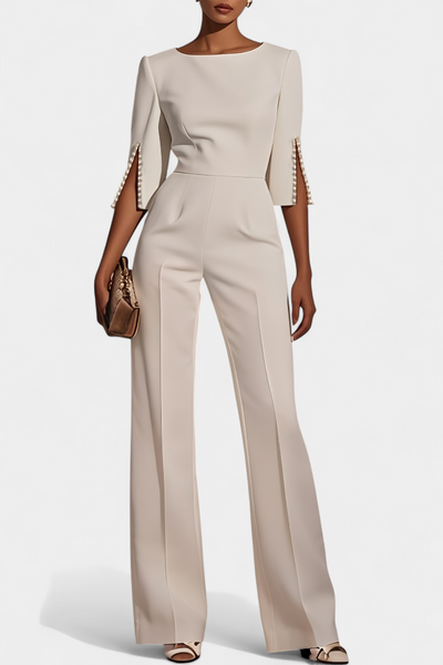 Mono Suelto Color Sólido Con Cuello Redondo Dividido Chic