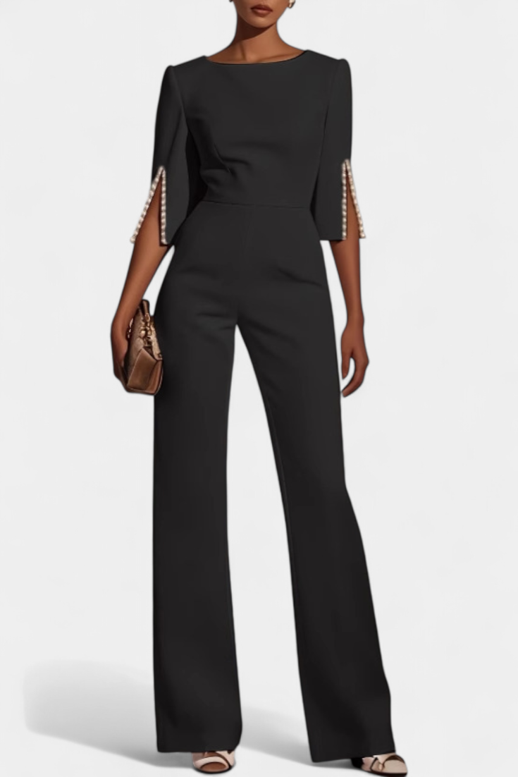 Mono Suelto Color Sólido Con Cuello Redondo Dividido Chic