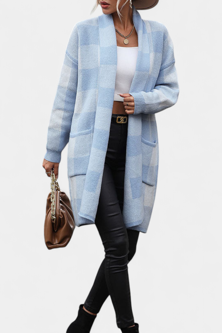 Cardigan de Cuadros Chic con Bolsillos Listos para Todo