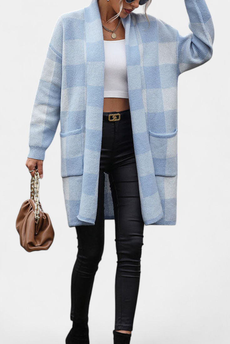 Cardigan de Cuadros Chic con Bolsillos Listos para Todo