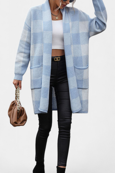 Cardigan de Cuadros Chic con Bolsillos Listos para Todo