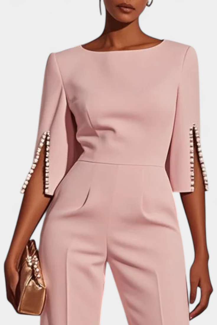 Mono Suelto Color Sólido Con Cuello Redondo Dividido Chic